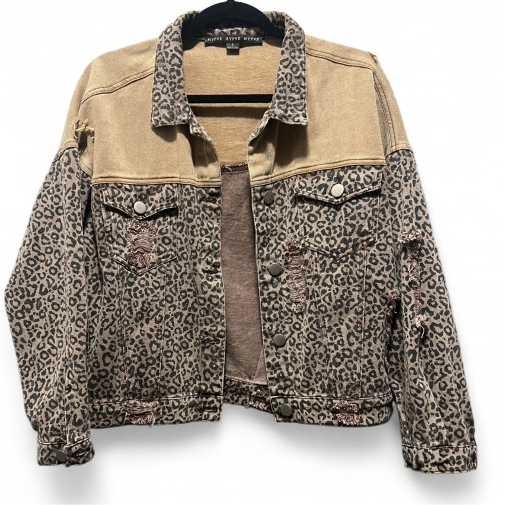 HYFVE Get Me Wild leopard print distressed denim jacket - Size L - Picture 4 of 14